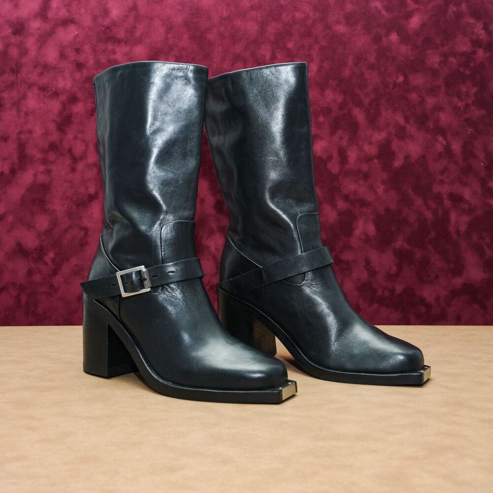 Rag&Bone Women Fallon Moto Biker Metal Point Black Leather Boots size 8US EUR38